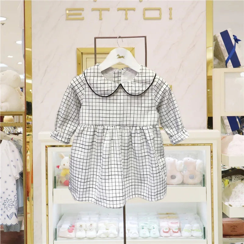 Korean Fashion Matching Sister Brother Outfits Baby Kids Autumn Dress & Suit Set white checkered dress with peter pan collar