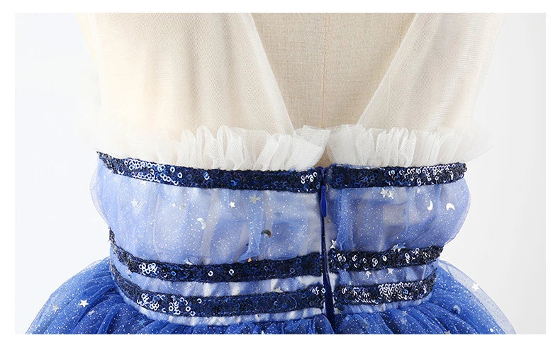 Fairy Girls Summer Sequin Stars Mesh Princess Dress Birthday Party Gift Kids blue dress back zipper detail