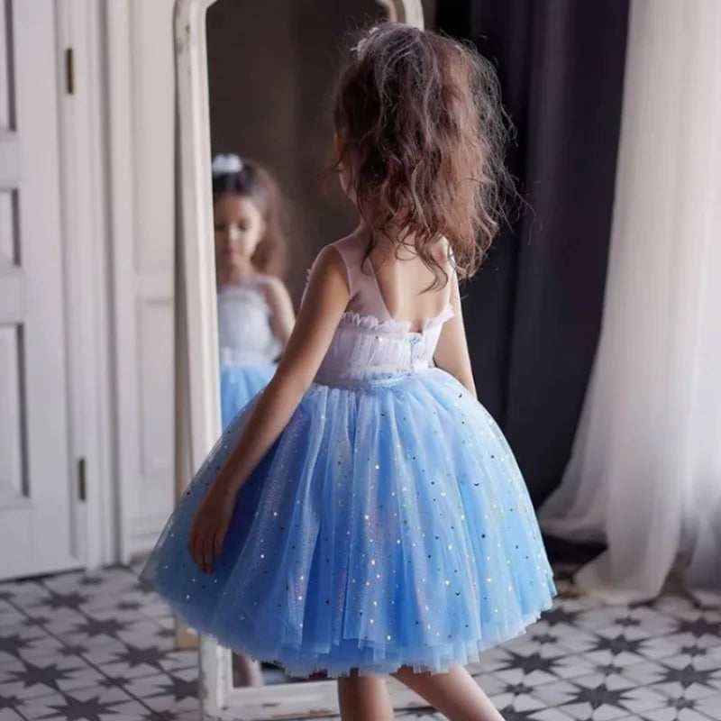 Fairy Girls Summer Sequin Stars Mesh Princess Dress Birthday Party Gift Kids in light blue sleeveless design