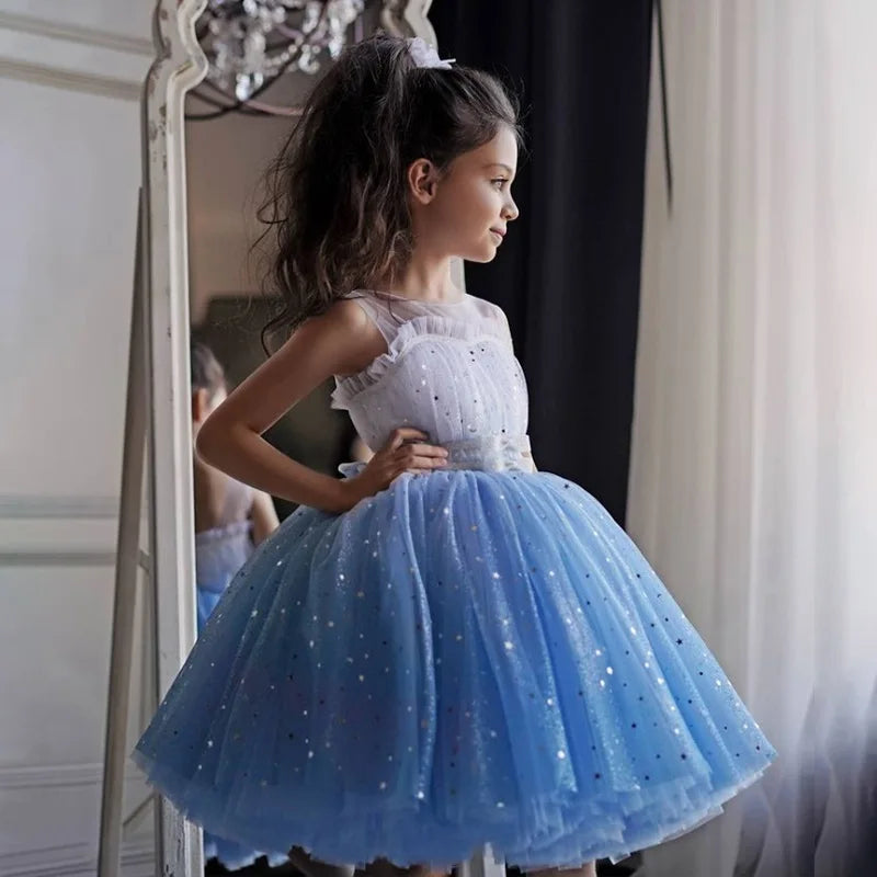Fairy Girls Summer Sequin Stars Mesh Princess Dress Birthday Party Gift Kids in blue with sparkly star details