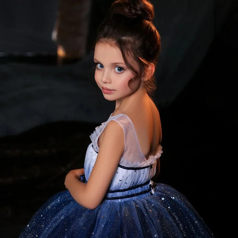 Fairy Girls Summer Sequin Stars Mesh Princess Dress Birthday Party Gift Kids worn by girl with updo hairstyle