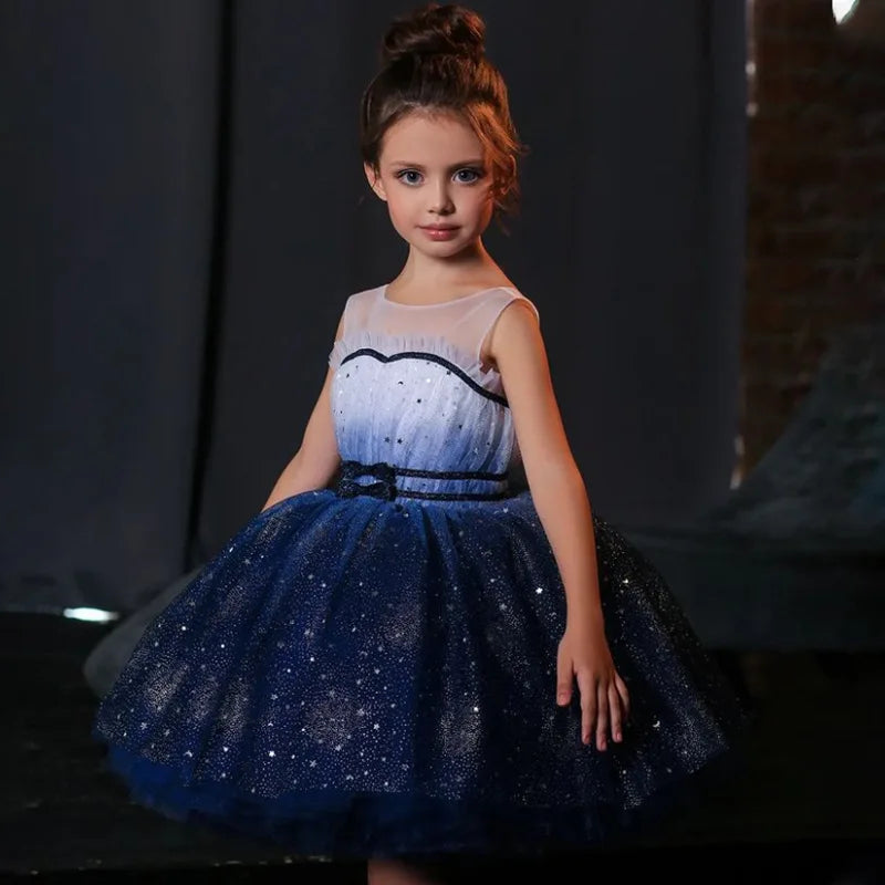 Fairy Girls Summer Sequin Stars Mesh Princess Dress Birthday Party Gift Kids in navy blue and white 