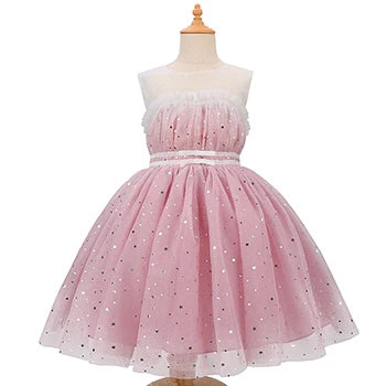 Fairy Girls Summer Sequin Stars Mesh Princess Dress Birthday Party Gift Kids in pink with glittery star details