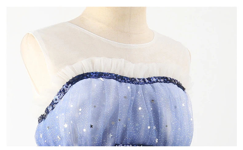 Fairy Girls Summer Sequin Stars Mesh Princess Dress Birthday Party Gift Kids by Yamza Tots Closet with blue star sequins and sheer mesh top