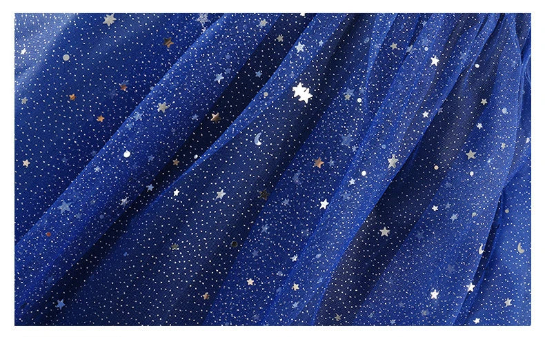 Fairy Girls Summer Sequin Stars Mesh Princess Dress Birthday Party Gift Kids in blue with star and moon patterns