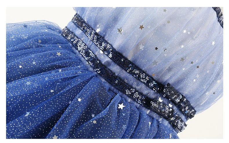 Close-up of Fairy Girls Summer Sequin Stars Mesh Princess Dress Birthday Party Gift Kids in blue with star and sequin details