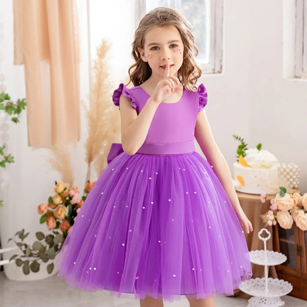 Fairy Princess Lace Party Dress for Girls Dance Stage Cosplay Costume Outfit in purple with tulle skirt and pearl details