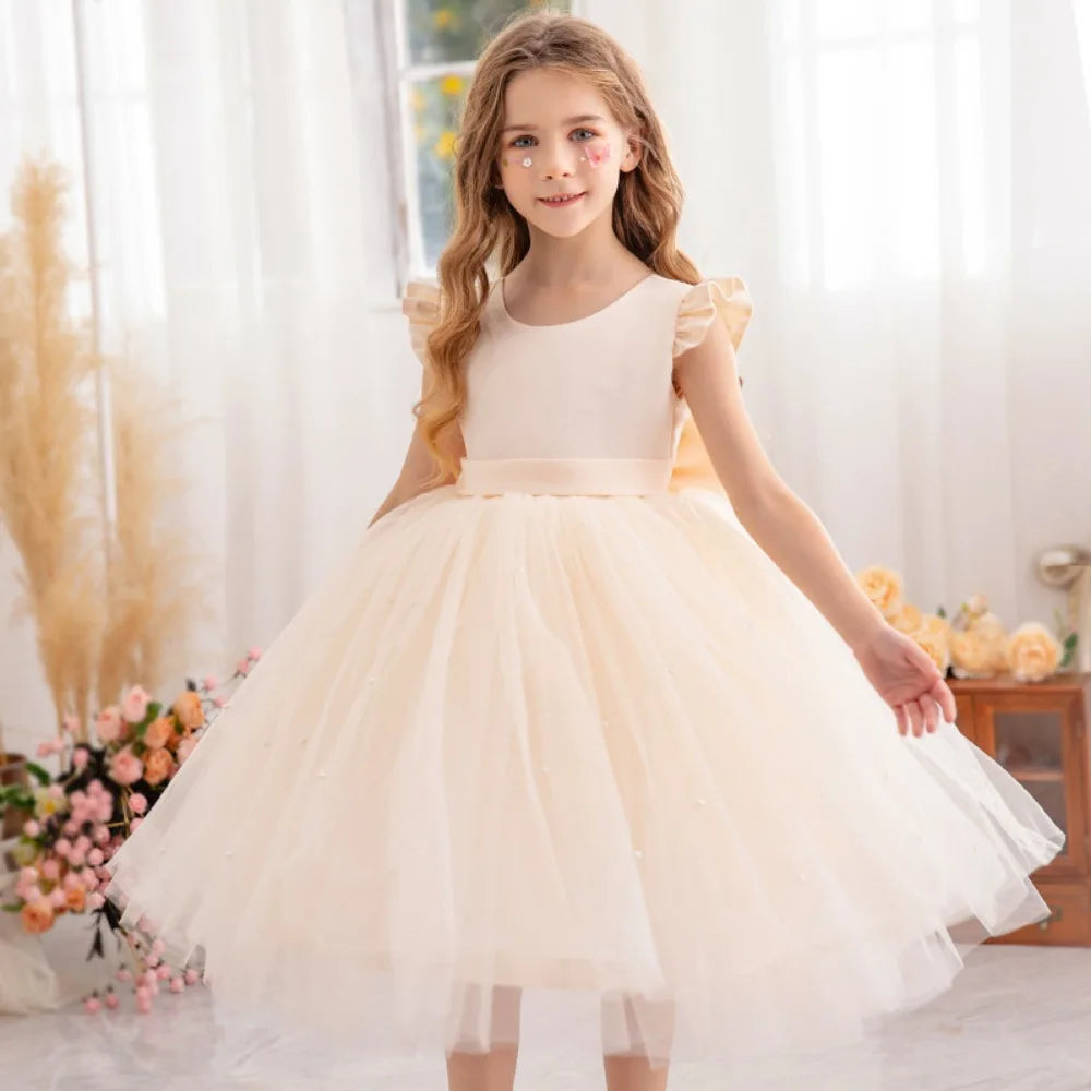 Girl wearing Fairy Princess Lace Party Dress for Girls Dance Stage Cosplay Costume Outfit in cream color with ruffled sleeves