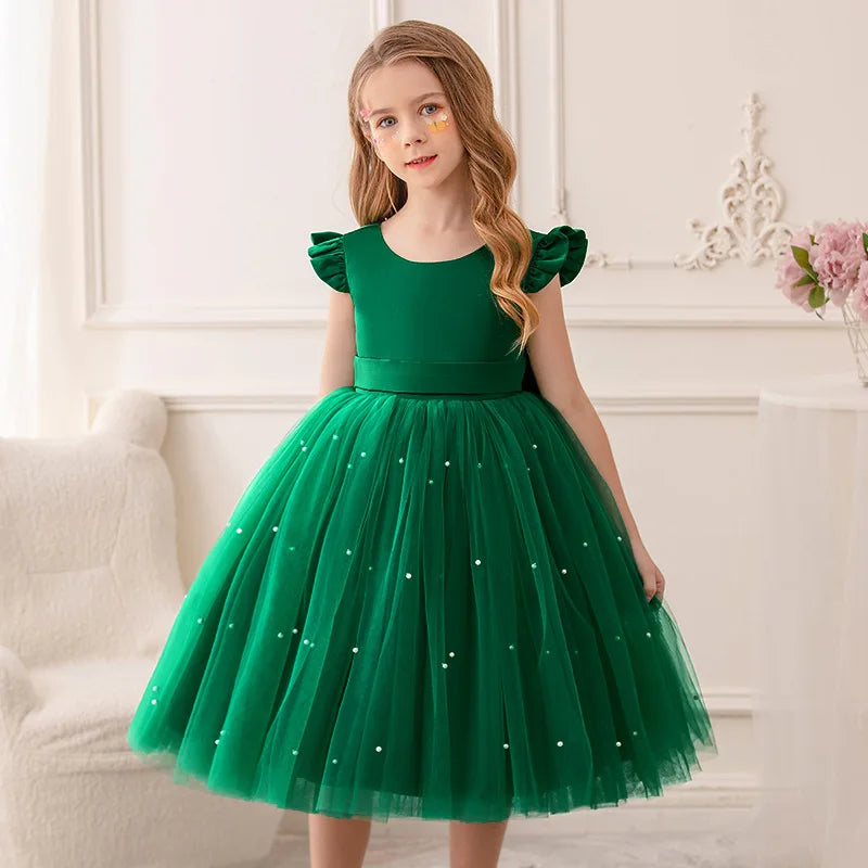 Fairy Princess Lace Party Dress for Girls Dance Stage Cosplay Costume Outfit in green with tulle skirt and pearl details