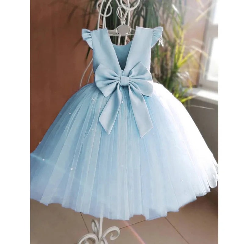 Fairy Princess Lace Party Dress for Girls Dance Stage Cosplay Costume Outfit in light blue with large bow and tulle skirt