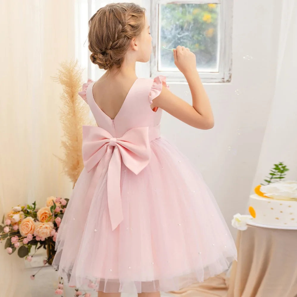 Girl wearing Fairy Princess Lace Party Dress for Girls Dance Stage Cosplay Costume Outfit in soft pink with large bow back