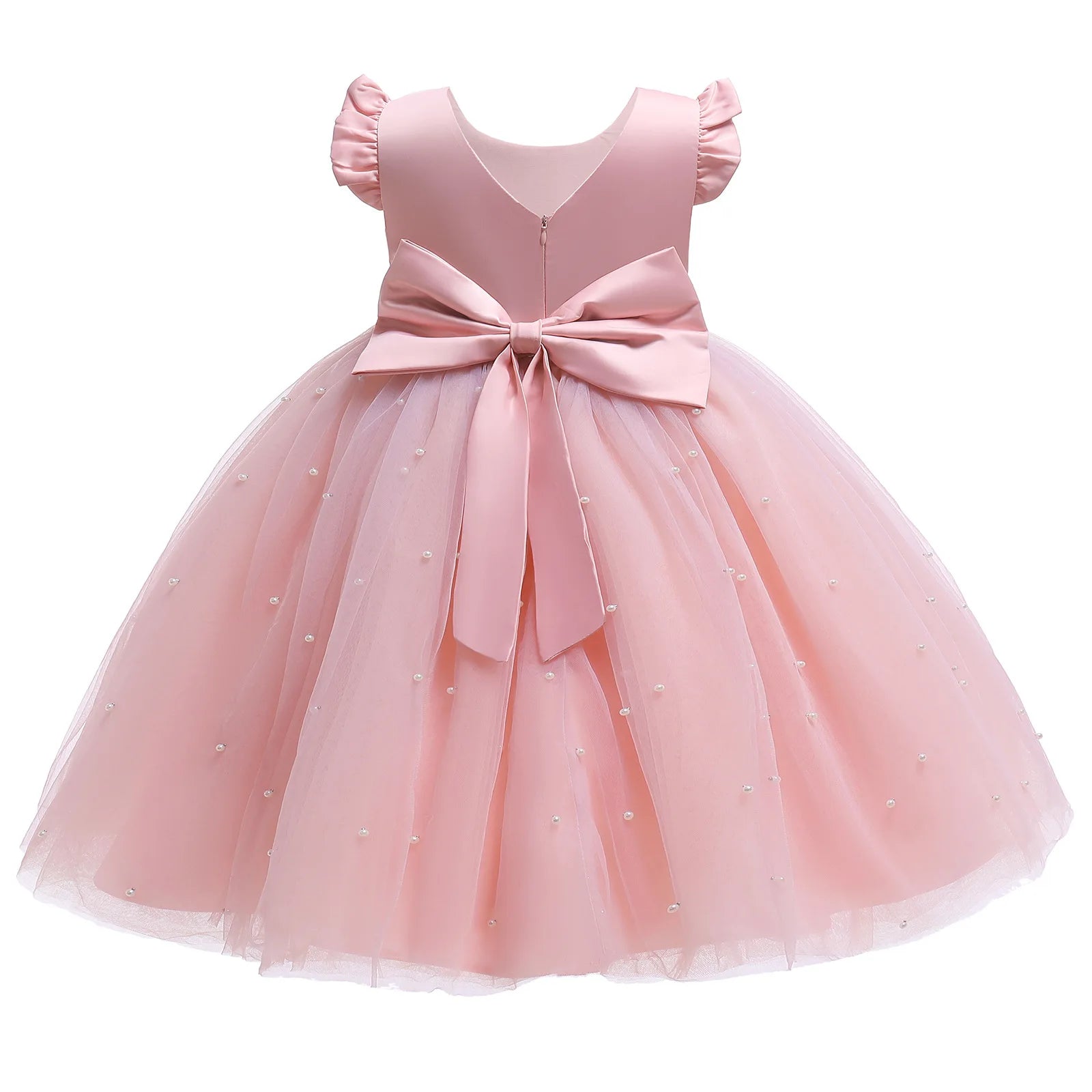 Fairy Princess Lace Party Dress for Girls Dance Stage Cosplay Costume Outfit in pink with bow and pearl accents