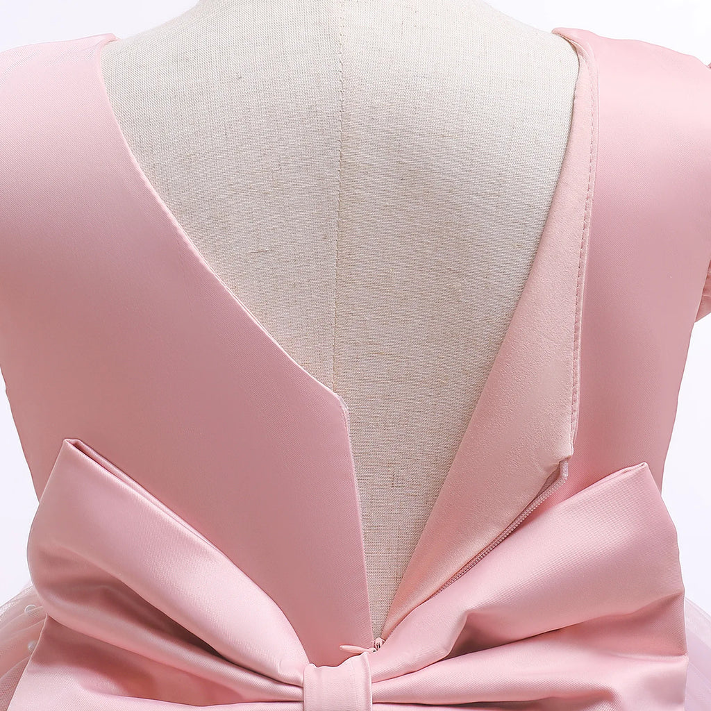 Back view of pink Fairy Princess Lace Party Dress for Girls Dance Stage Cosplay Costume Outfit with large bow detail