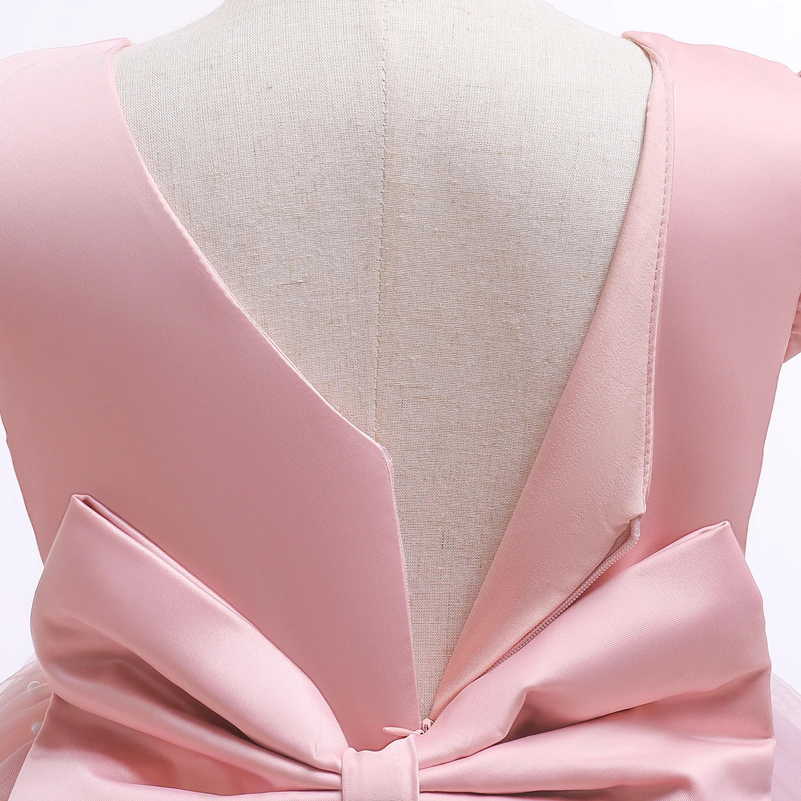 Back view of pink Fairy Princess Lace Party Dress for Girls Dance Stage Cosplay Costume Outfit with large bow detail