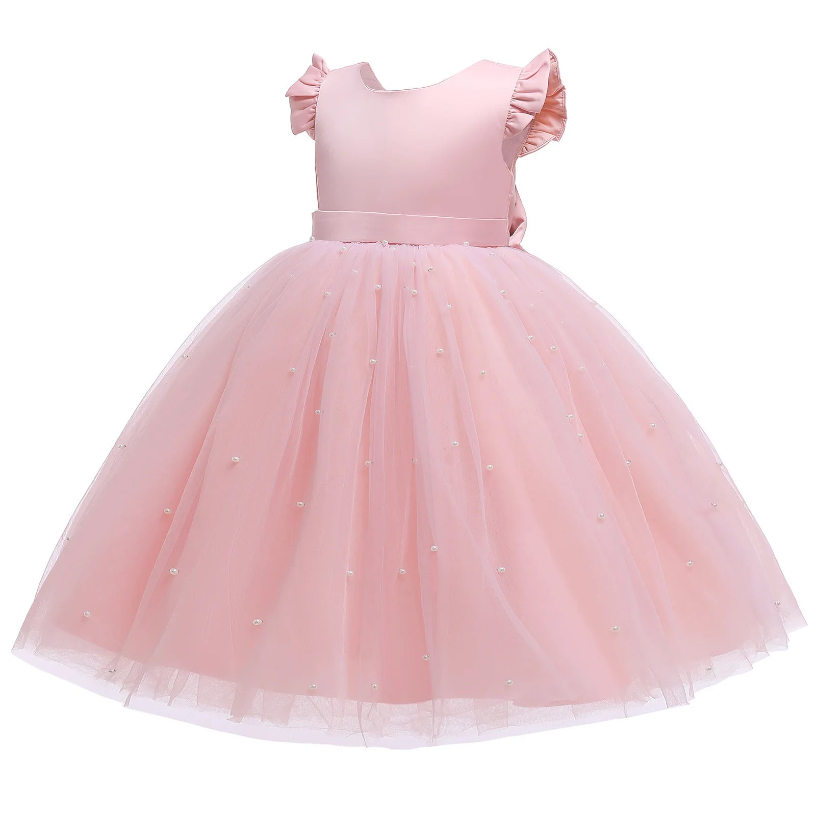 Fairy Princess Lace Party Dress for Girls Dance Stage Cosplay Costume Outfit in light pink with tulle skirt and pearl accents