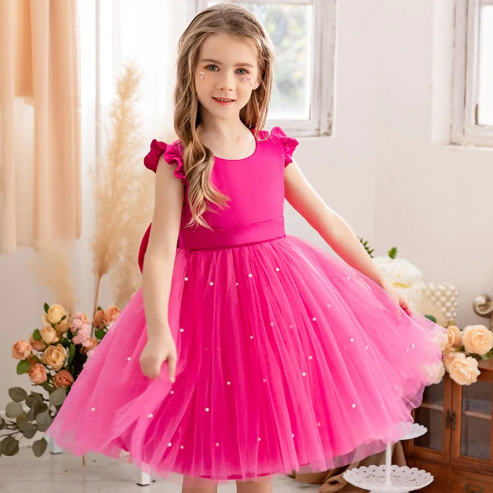 Fairy Princess Lace Party Dress for Girls Dance Stage Cosplay Costume Outfit in bright pink with pearl details