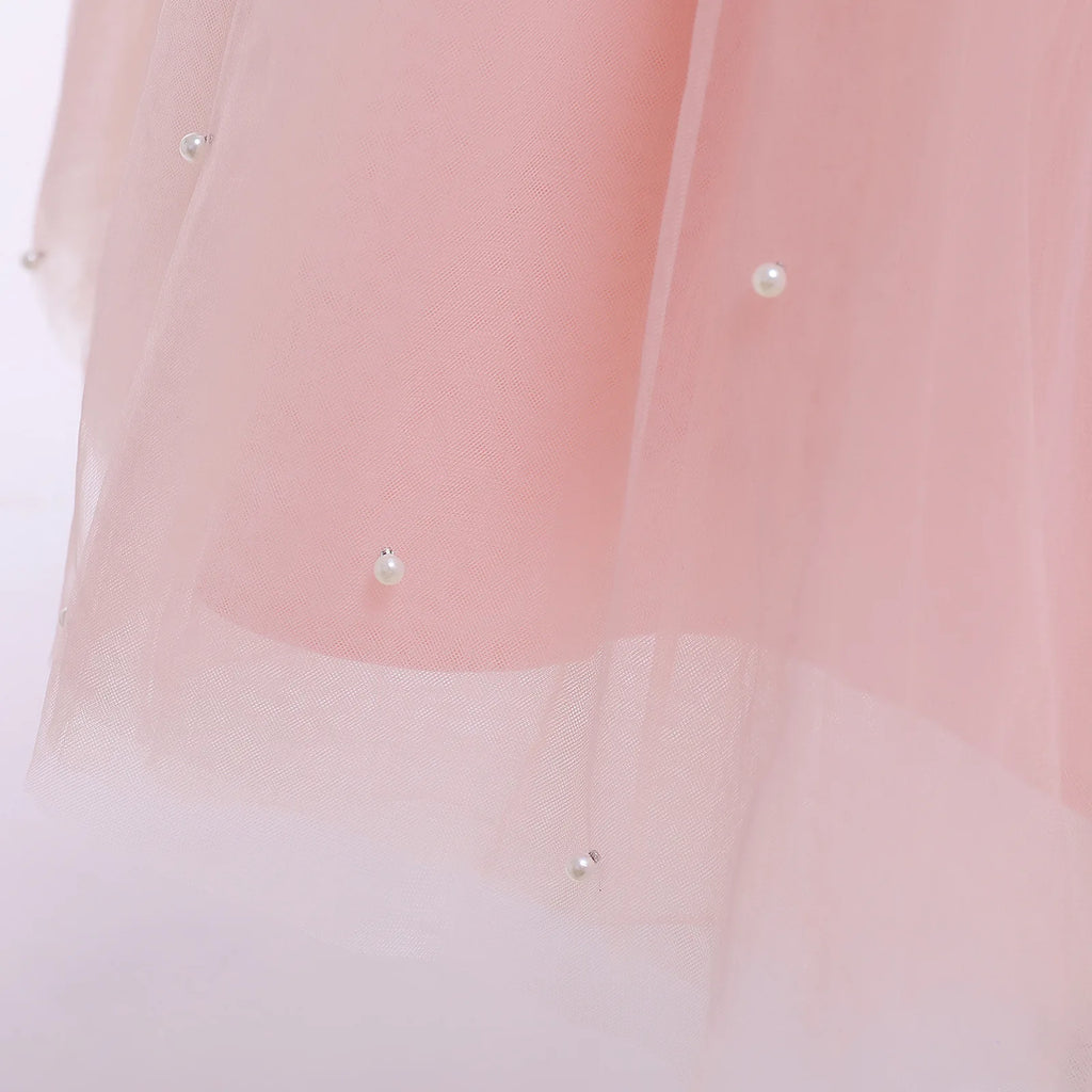 Close-up of pink Fairy Princess Lace Party Dress for Girls Dance Stage Cosplay Costume Outfit with pearl details 