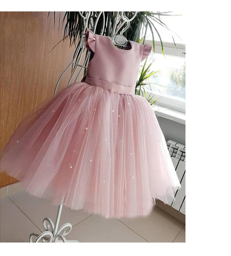 Fairy Princess Lace Party Dress for Girls Dance Stage Cosplay Costume Outfit in soft pink with tulle skirt and pearl accents