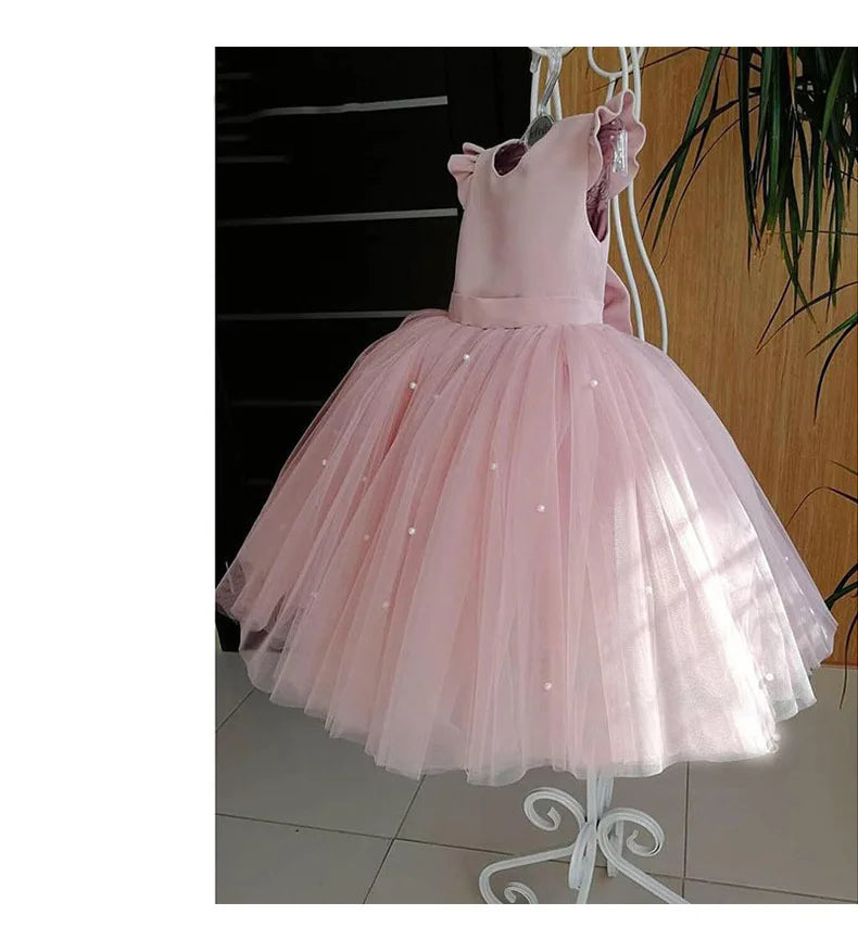 Fairy Princess Lace Party Dress for Girls Dance Stage Cosplay Costume Outfit in pink with tulle skirt and pearl details
