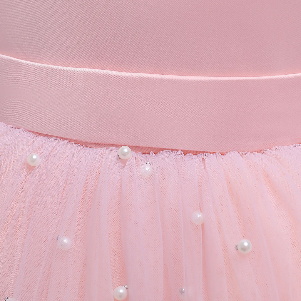 Close-up of pink Fairy Princess Lace Party Dress for Girls Dance Stage Cosplay Costume Outfit with pearl details