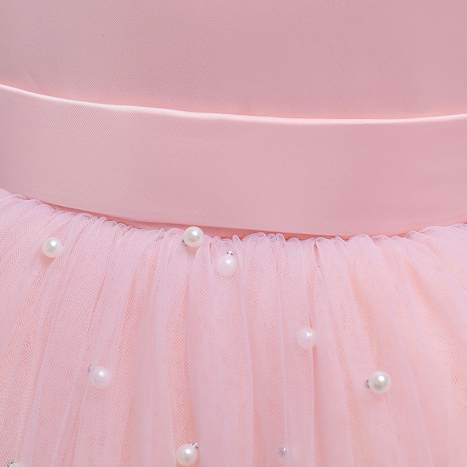 Close-up of pink Fairy Princess Lace Party Dress for Girls Dance Stage Cosplay Costume Outfit with pearl details