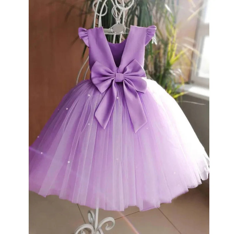 Fairy Princess Lace Party Dress for Girls Dance Stage Cosplay Costume Outfit in light purple with a large bow