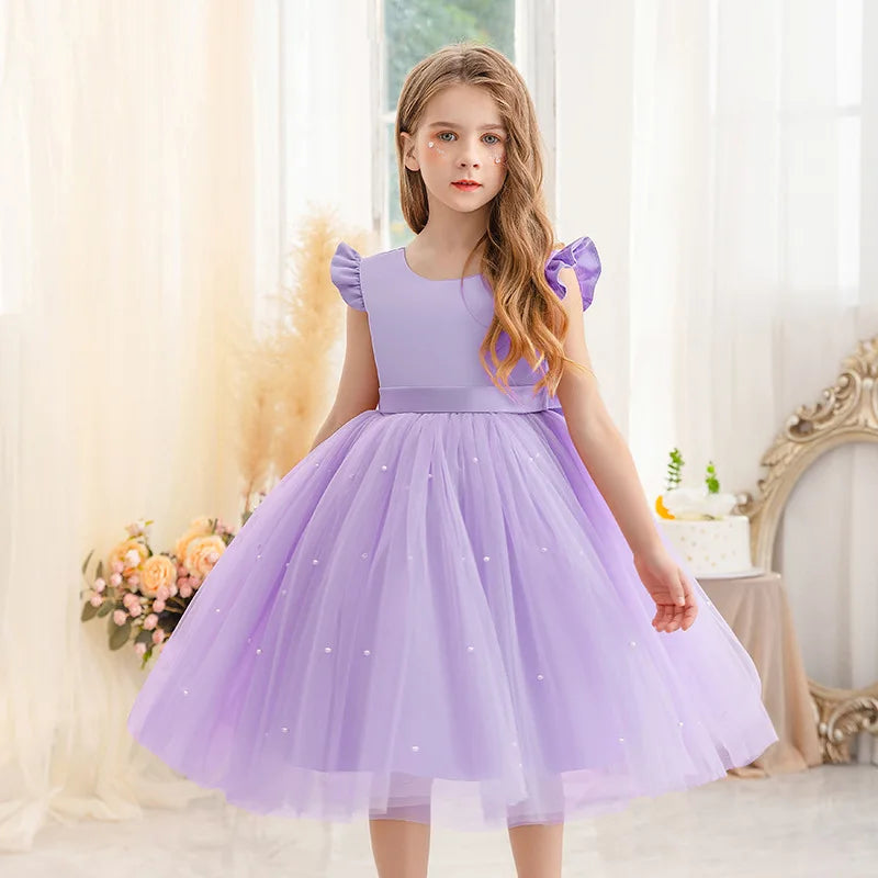 Girl wearing a lavender Fairy Princess Lace Party Dress for Girls Dance Stage Cosplay Costume Outfit