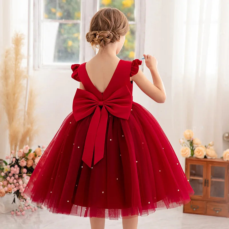 Fairy Princess Lace Party Dress for Girls Dance Stage Cosplay Costume Outfit in red with large bow and tulle skirt