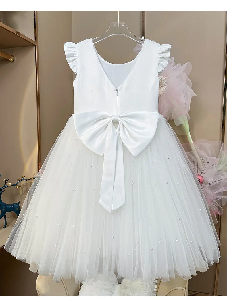 Fairy Princess Lace Party Dress for Girls Dance Stage Cosplay Costume Outfit in white with bow back detail