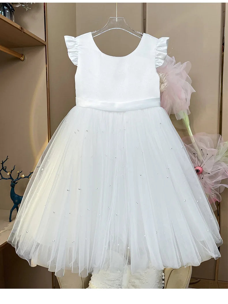 Fairy Princess Lace Party Dress for Girls Dance Stage Cosplay Costume Outfit in white with ruffled sleeves and tulle skirt