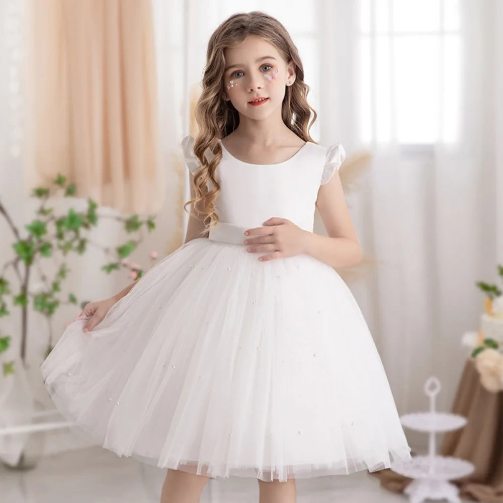 Girl wearing a white Fairy Princess Lace Party Dress for Girls Dance Stage Cosplay Costume Outfit with tulle skirt