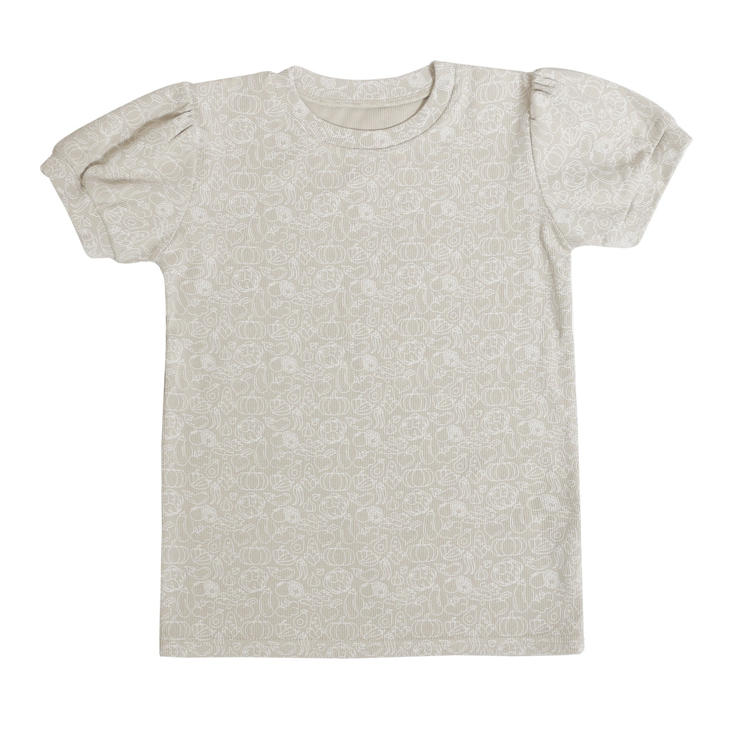 Beige puff sleeve top with subtle floral pattern from Family Ribbed Print Sets for Summer and Spring