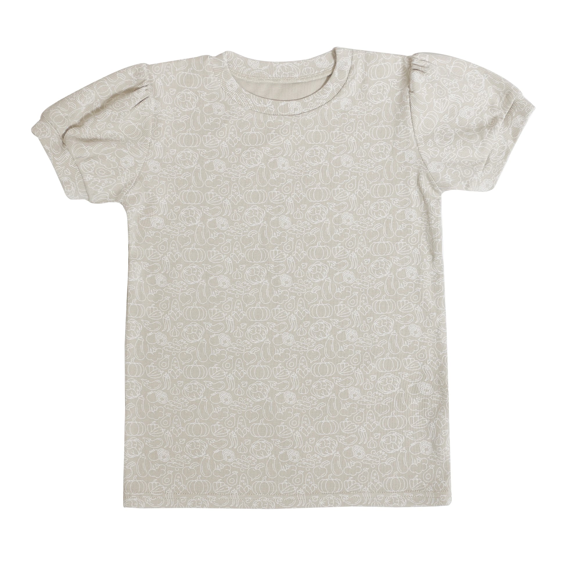 Beige puff sleeve top with subtle floral pattern from Family Ribbed Print Sets for Summer and Spring