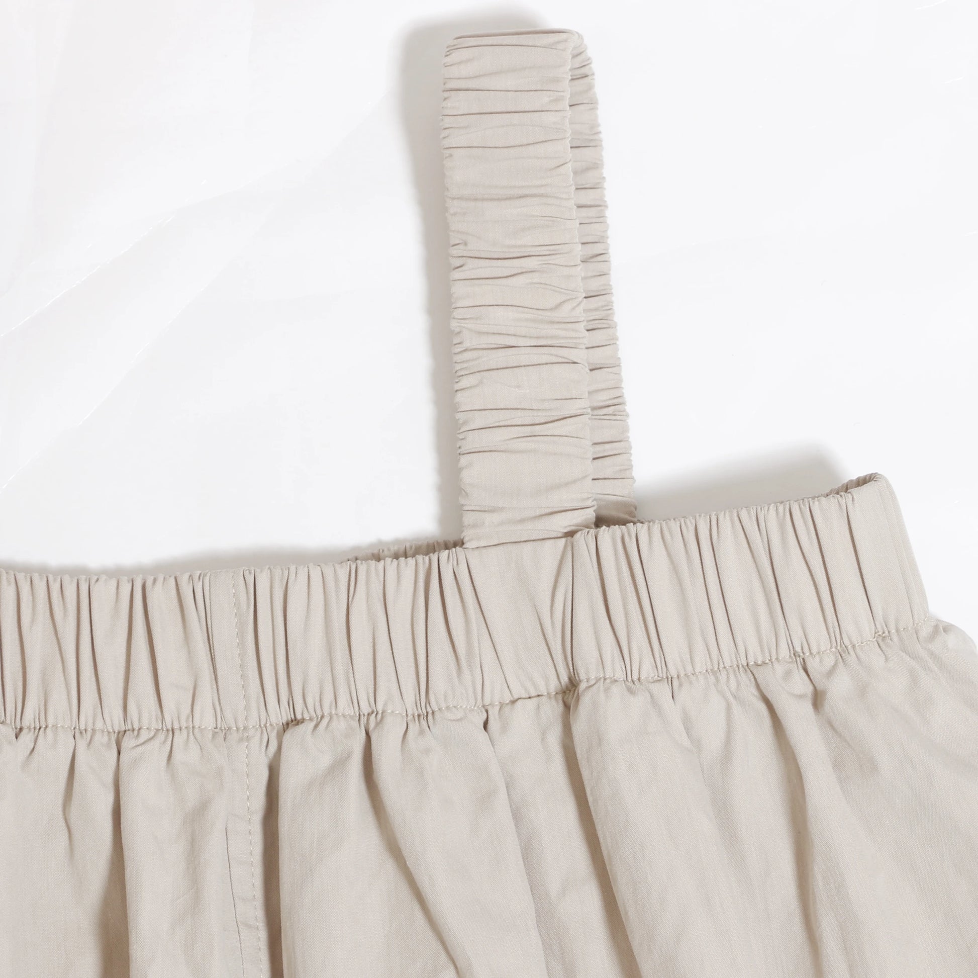 Close-up of beige elastic strap and gathered waistband from Family Ribbed Print Sets for Summer and Spring