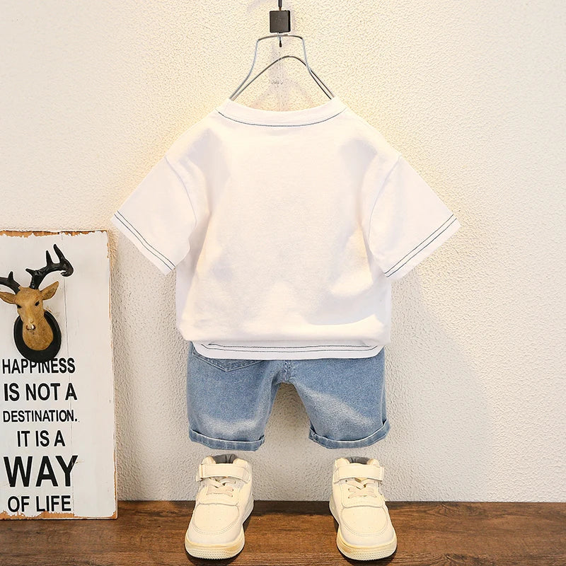 Fashion Baby Boys T Shirt and Denim Shorts Summer Set Casual Kids Outfit displayed on hanger with white sneakers
