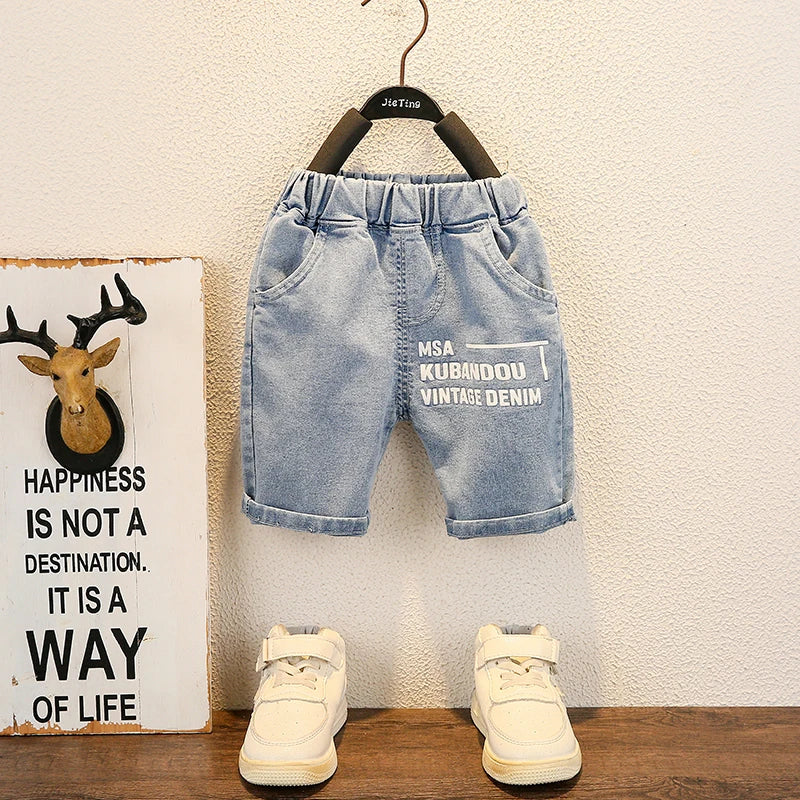 Fashion Baby Boys T Shirt and Denim Shorts Summer Set Casual Kids Outfit with light blue denim shorts and white shoes