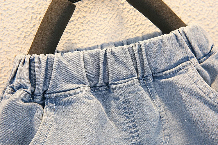 Close-up of denim shorts waistband from Fashion Baby Boys T Shirt and Denim Shorts Summer Set Casual Kids Outfit