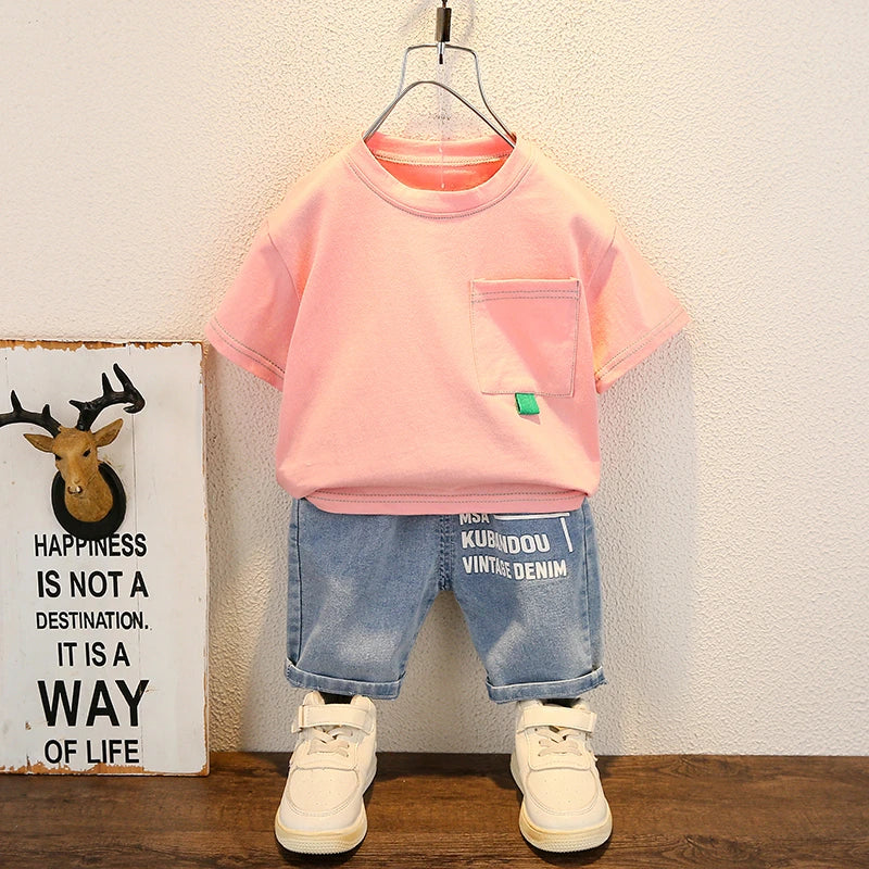 Fashion Baby Boys T Shirt and Denim Shorts Summer Set Casual Kids Outfit with pink top and light blue denim shorts