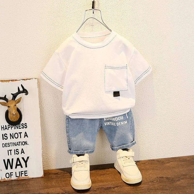 Fashion Baby Boys T Shirt and Denim Shorts Summer Set Casual Kids Outfit with white shirt and blue denim shorts