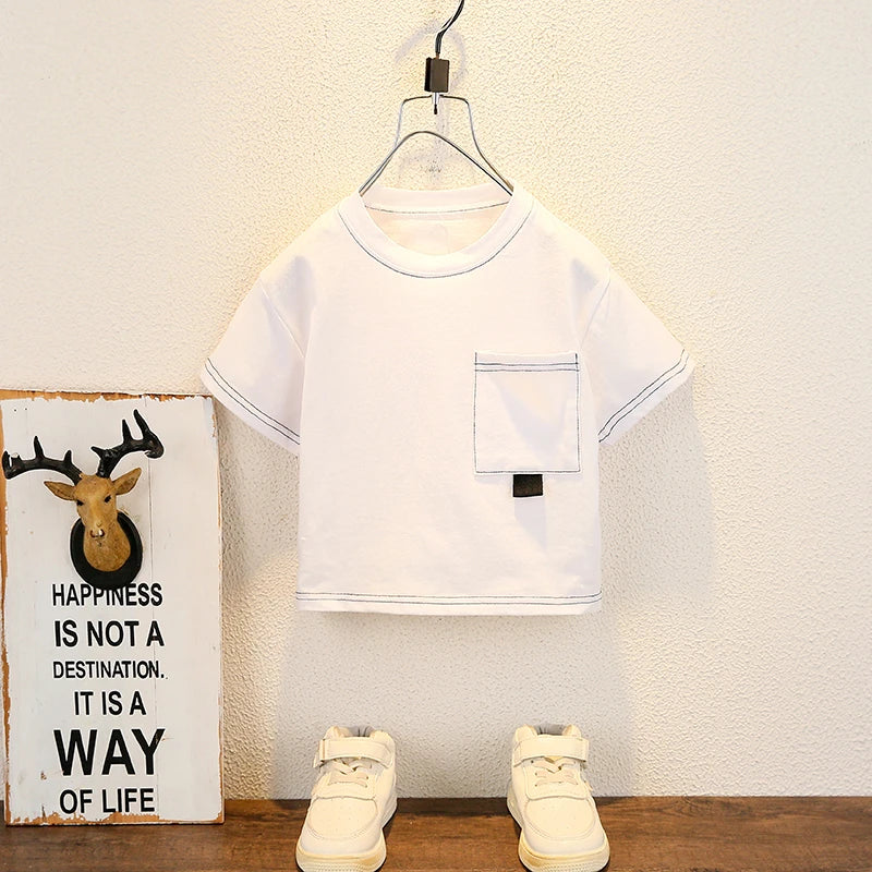 Fashion Baby Boys T Shirt and Denim Shorts Summer Set Casual Kids Outfit white shirt with pocket and white shoes