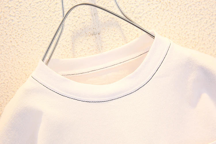 Close-up of white baby boys T shirt showing neckline stitching for Fashion Baby Boys T Shirt and Denim Shorts Summer Set Casual Kids Outfit
