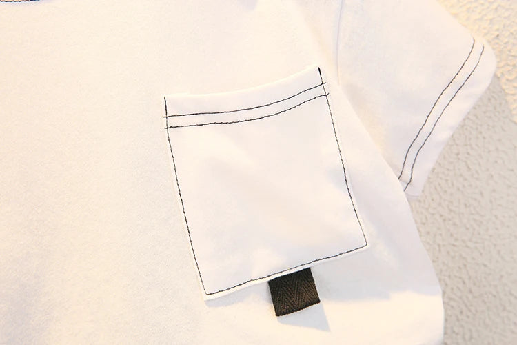 Fashion Baby Boys T Shirt and Denim Shorts Summer Set Casual Kids Outfit white shirt pocket detail with black stitching