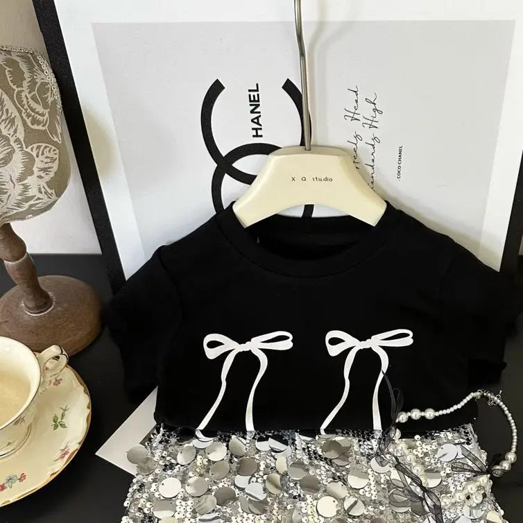 Fashion Baby Girl Bow T Shirt and Sequin Skirt Set Sparkle Kids Outfit by Yamza Tots Closet in black and silver