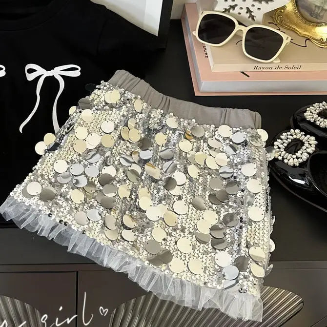 Fashion Baby Girl Bow T Shirt and Sequin Skirt Set Sparkle Kids Outfit with silver sequin skirt and black bow t shirt