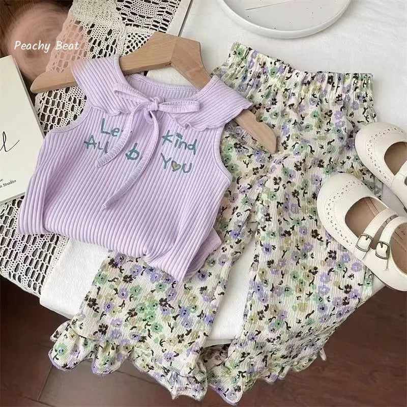 Fashion Baby Girl Princess Set Bow Top and Ruffle Pants 2PCS Cute Floral Suit with purple sleeveless bow top and floral ruffle pants