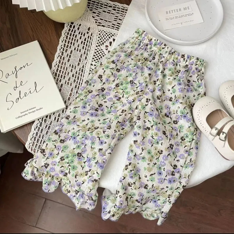 Fashion Baby Girl Princess Set Bow Top and Ruffle Pants 2PCS Cute Floral Suit with pastel flower print pants