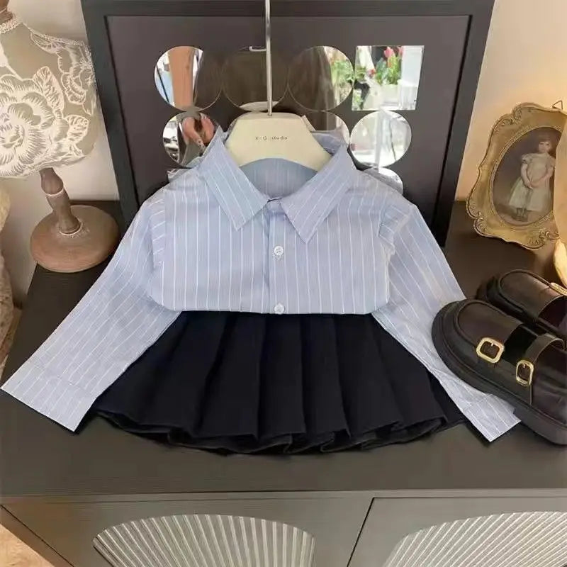 Fashion Baby Girl Set Shirt Vest and Pleated Skirt Toddler Outfit 2PCS with blue striped shirt and black skirt