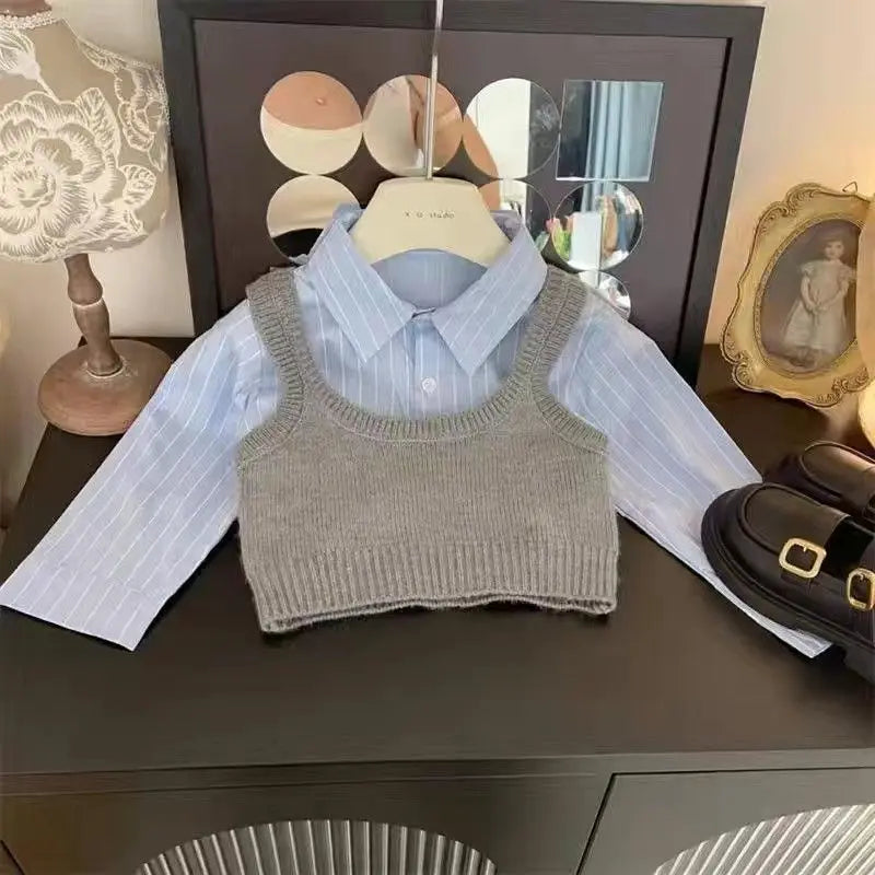 Fashion Baby Girl Set Shirt Vest and Pleated Skirt Toddler Outfit 2PCS by Yamza Tots Closet in gray and blue