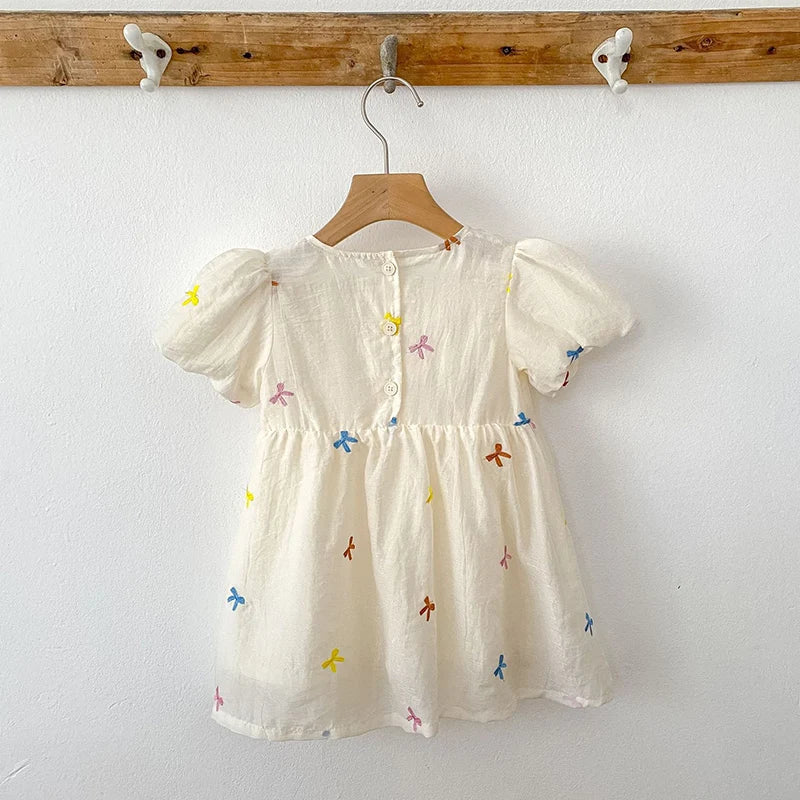 Fashion Baby Girls Embroidered Bow Puff Sleeve Cotton Backless Princess Dress white with colorful bows