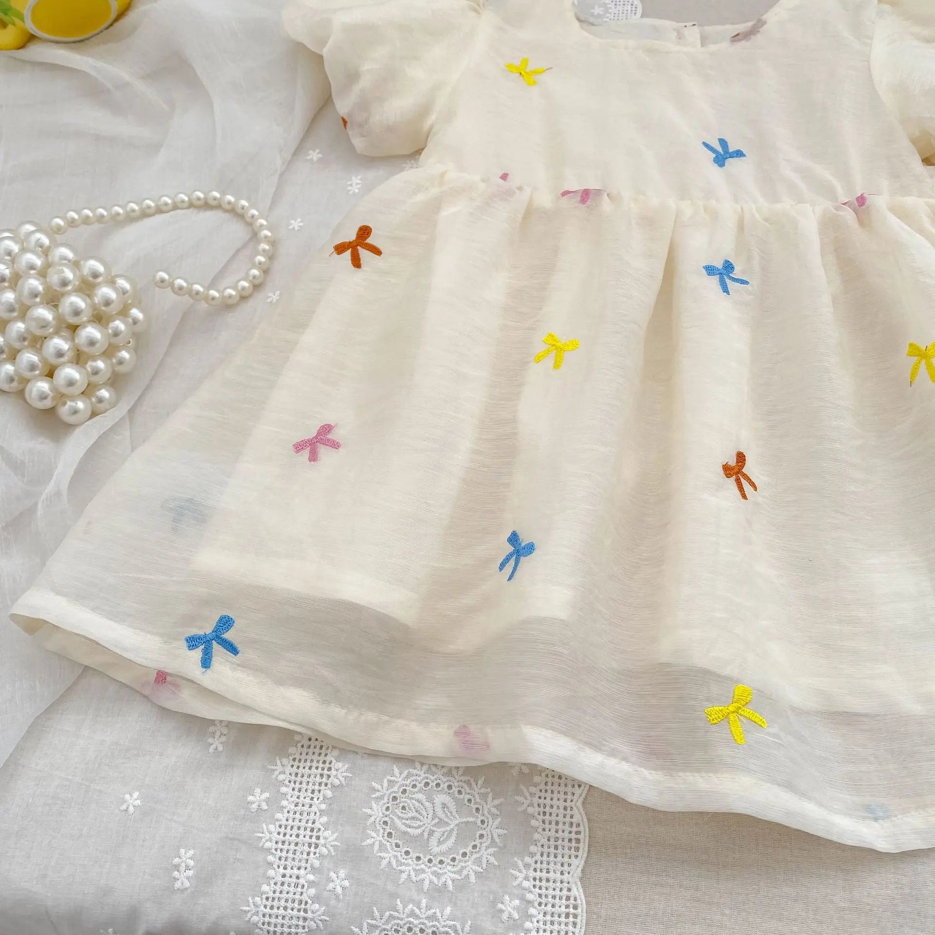 Fashion Baby Girls Embroidered Bow Puff Sleeve Cotton Backless Princess Dress with colorful bow designs